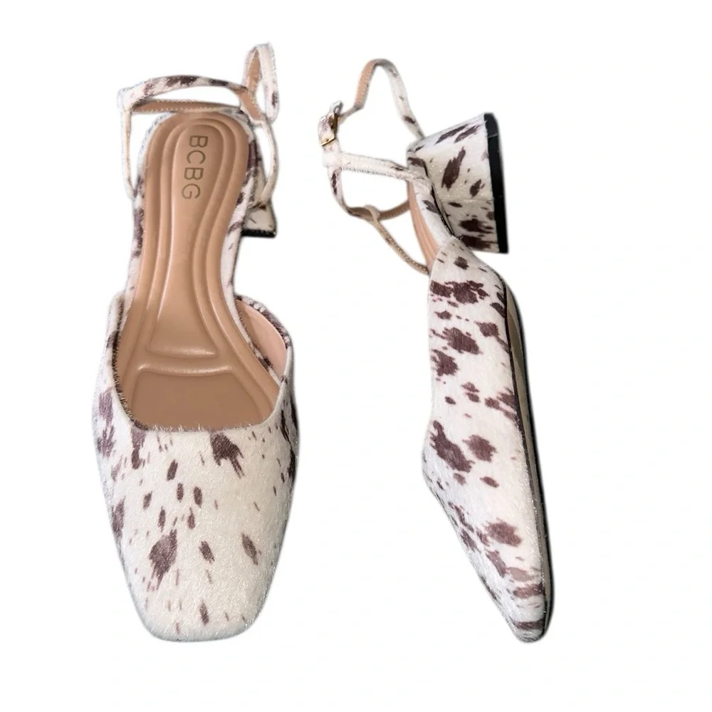 NEW BCBG Dalmatian Print Ankle Strap Heels Cow Print Square Toe Calf Hair